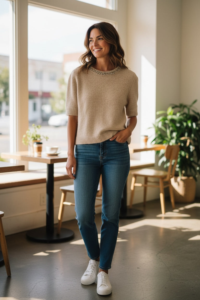 Smile neule strassikauluksella beige