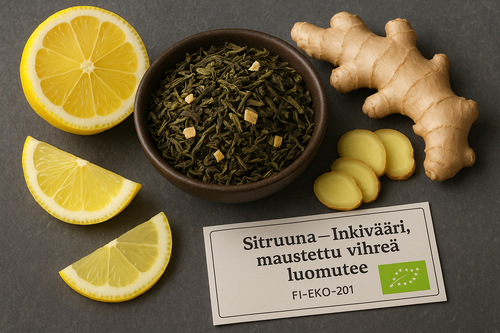 Lataa kuva 1. Sitruuna-Inkivääri, maustettu vihreä luomutee FI_EKO-201