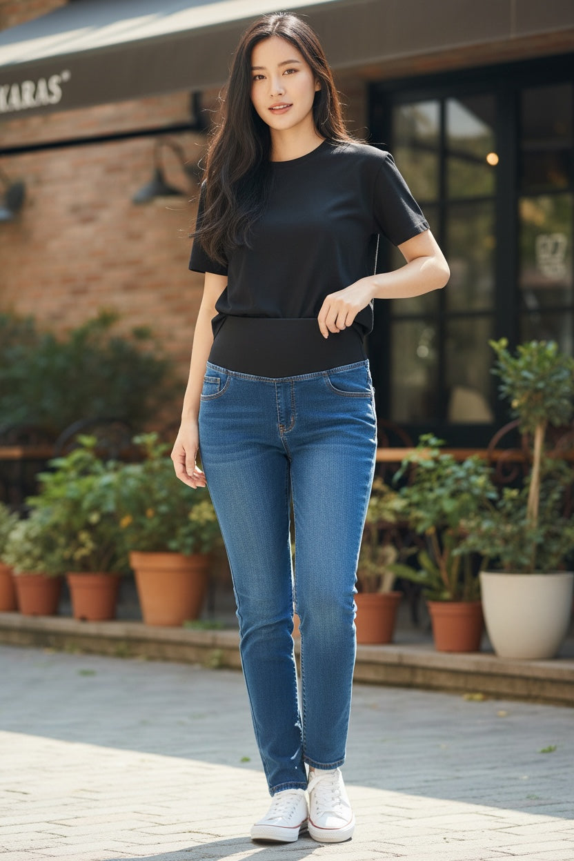 Kuminauhavyötäröllä joustavat farkut