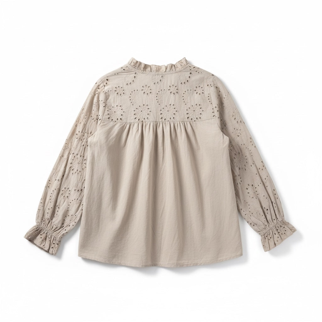 Brodeerattu pitsipusero – valkoinen ja hiekka L/XL