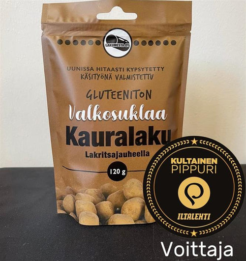 Lataa kuva 1. Gluteeniton valkosuklaa kauralaku lakritsijauheella