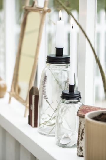 Ib Laursen kynttilänjalka lasipurkilla kapealle kynttilälle